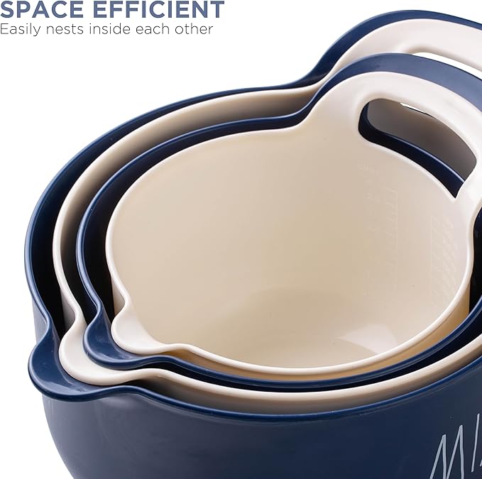 Rae Dunn Non-Slip Mixing Bowls - 4 Piece Nesting Plastic Mixing Bowl Set with Pour Spouts and Handles-Measurement Markings (Cream)