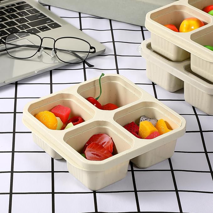 SHENLIU 6 Pack 4 Compartment Snack Containers, Beige Reusable Lunchable Container Divided Bento Snack Box with Lids Food Storage Containers for Adults Travel Work