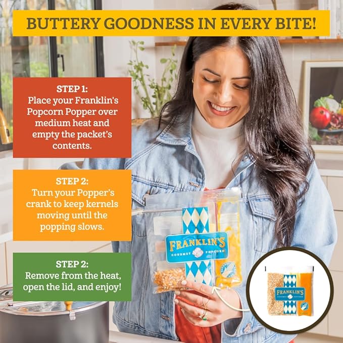 Franklin’s Gourmet Popcorn All-In-One Pre-Measured Packs - 2oz. Pack of 24 - Butter Flavored Coconut Oil + Butter Salt Popcorn Seasoning + Organic Corn - Authentic Movie Theater Taste – Made in USA