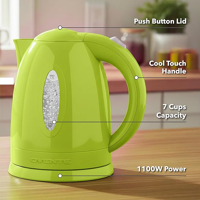 OVENTE Electric Kettle, 1.7L Fast Boiling Water Heater for Coffee or Tea, BPA Free with Water Level Gauge, Auto Shut-Off, Boil-Dry Protection, Indicator Light and Removable Filter, Green KP72G