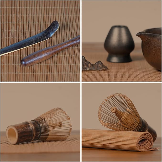 Matcha Whisk Set, 7-Piece Gilded Matcha Set with Ceramic Bowl, Whisk, Wooden Handle Sifter, Large Bamboo Mat and More – Complete Matcha Kit with Gift Box for Matcha Lovers