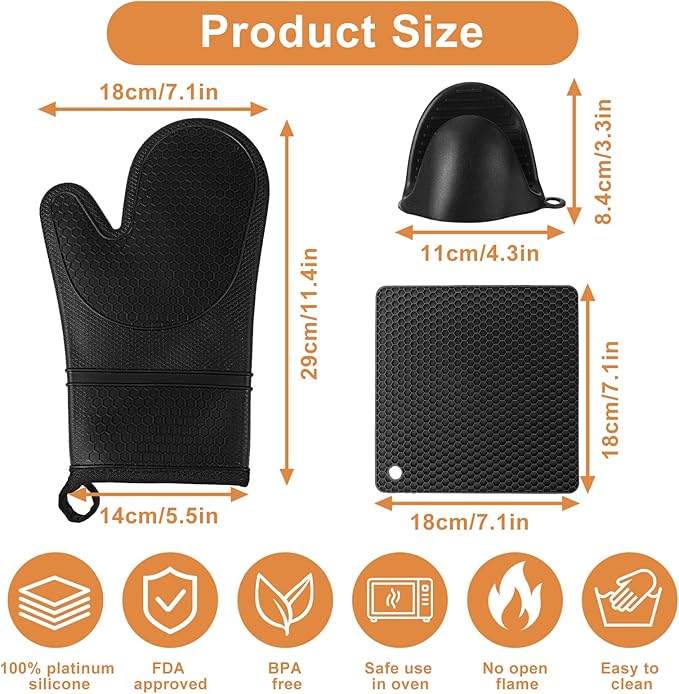 6 Pcs Oven Mitts and Pot Holders Sets for Kitchen, Extra Long Silicone Oven Gloves High Heat Resistant 500 Degrees Non-Slip Potholders Hot Pads for Baking Cooking (Black)