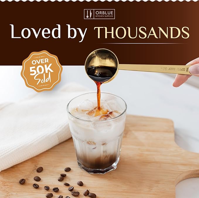 Orblue Premium Coffee Scoop Set - 1 Tbsp (15ml) & 2 Tbsp (30ml) Measuring Tablespoon - Stainless Steel Coffee Measuring Spoon and Scooper with Long Handles - Pack of 2 - Gold