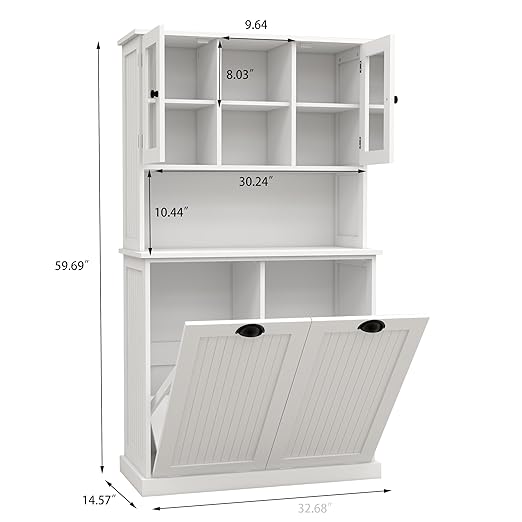 RASOO Tilt-Out Laundry Cabinet White Tall Bathroom Storage Cabinet Laundry Hamper with 2 Baskets and 3 Cabinets Upper Glass Doors Storage Cabinet