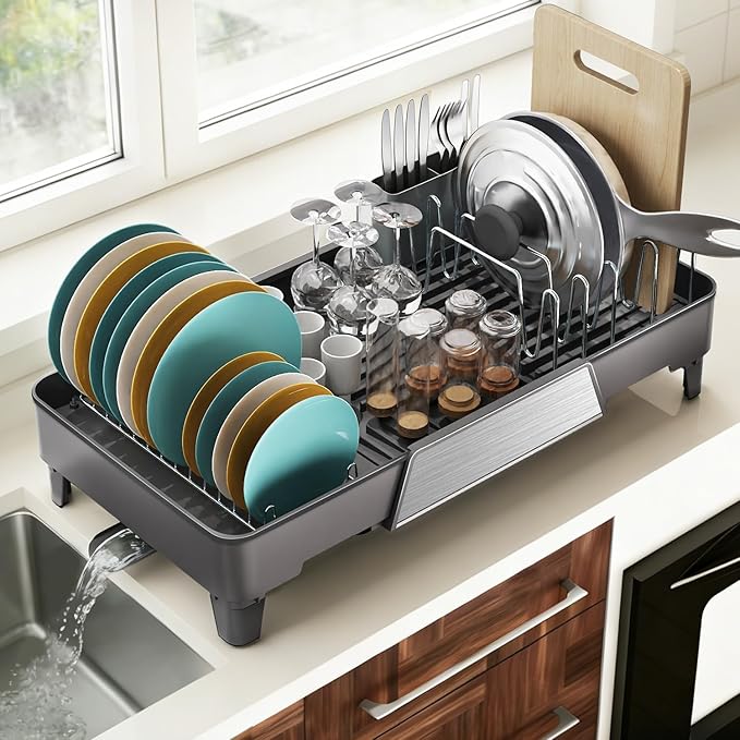 Large Expandable Dish Drying Rack, Dish Racks for Kitchen Counter, Space Saving & Rust Resistant Dish Drainer with Removable Drainboard & Utensil Holder, Adjustable Length 16.4 to 24.4 Inches