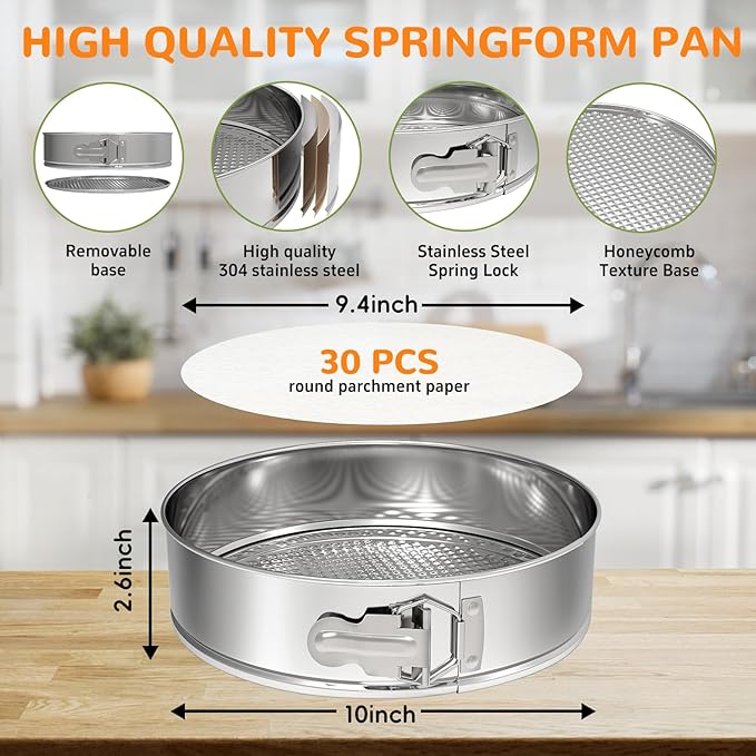 ZeroPone 10 Inch 304 Stainless Steel Springform Pan with Removable Bottom, Nonstick Round Spring Form Cheesecake Pan with 30 Pcs Parchment Paper Liners