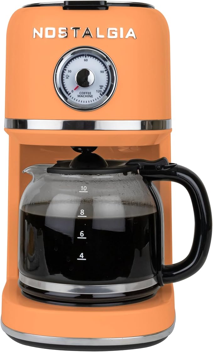 Nostalgia Classic Retro 10 Cup Coffee Maker - One-Touch Drip Brew, Reusable Filter - Anti-Drip, Auto Shutoff, & Time Display - Dishwasher Safe 50 oz Carafe - Orange