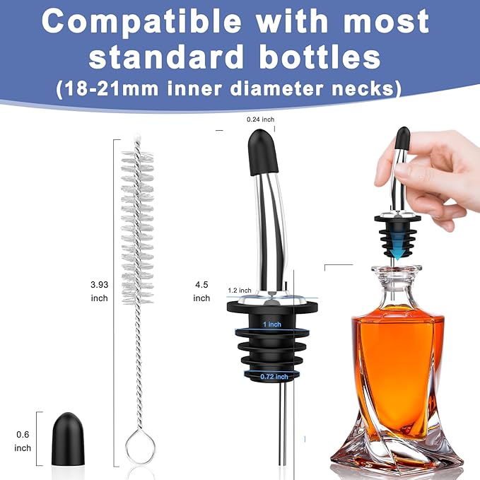 48-Pack Stainless Steel Pour Spouts for Liquor Bottles Oil Vinegar and Wine,Liquor Bottle Pourers with Rubber Dust Caps,Bar accessories,Pourers for Bartending