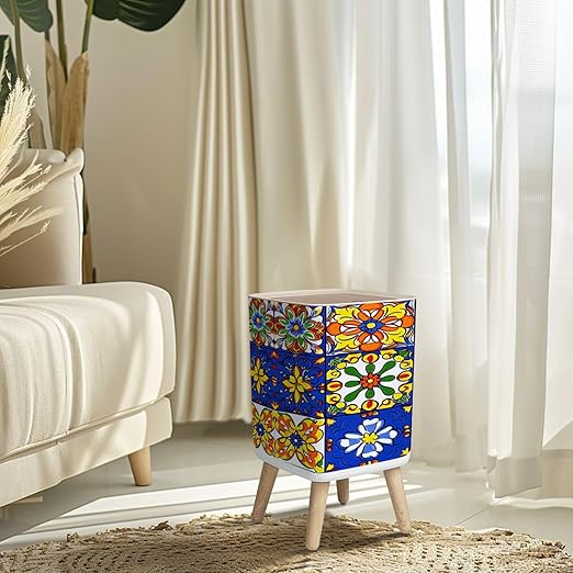 Small Trash Can with Lid Mexican talavera ceramic tile seamless pattern Ethnic folk ornament Wastebasket with Press Cover Dog Proof Garbage Can Waste Bin for Kitchen Bathroom Nursery 2.6 Gallon