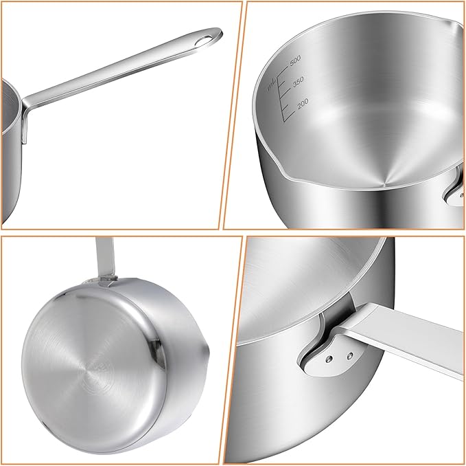 0.5 Quart 18/10 Tri-Ply Stainless Steel Butter Melting Pot, 500ml Silver Butter Warmer Measuring Pan Small Sauce Pan with Dual Pour Spouts for Milk, Coffee, Tea, Soup Warming & Measuring