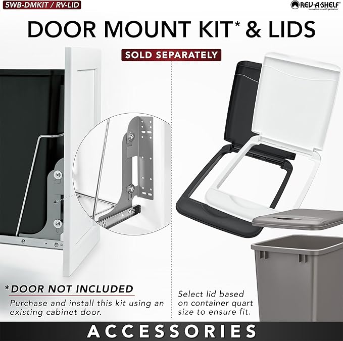 Rev-A-Shelf Pullout Trash Can for Kitchen Cabinets 27 Qt Garbage Waste Recycling Bin with Full Extension Slides, Orion Gray, RV-15KD-13C-S