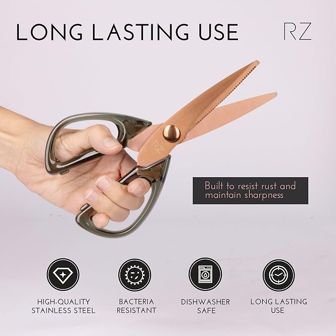 Rachel Zoe Multi-Purpose Kitchen Scissors, Stainless Steel Shears with Protective Sheath & Soft Handle Grips, Dishwasher Safe, Vegetables, Fruits & Meat Cutting Scissors, Essentials (Green/Copper)