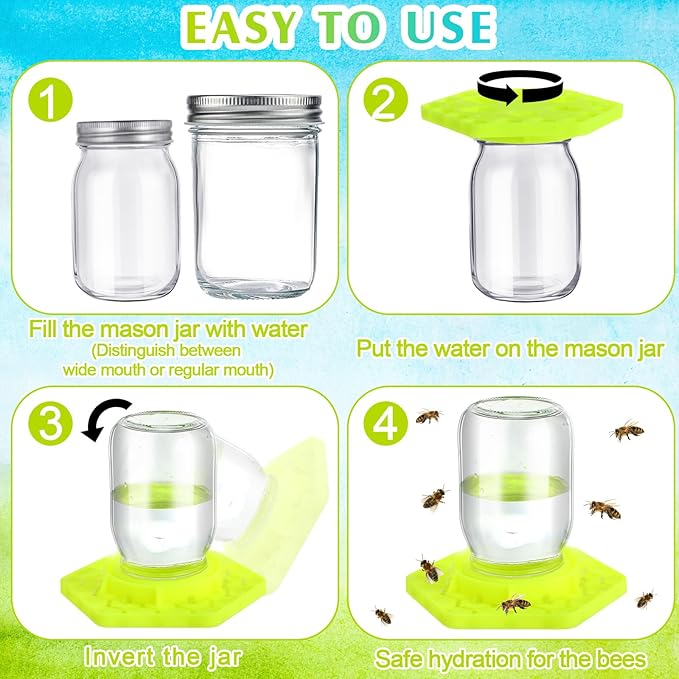4 Pack Bee Feeder for Mason Jar Bee Watering Station Garden Silicone Sugar Water Feeder Beekeeping Drinking Equipment Tools with Mason Jars for Drinking Water(Yellow,Hexagon)
