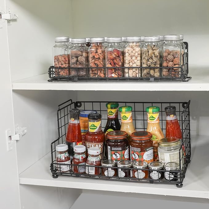 X-cosrack Stackable Wire Basket 3 Tier Countertop& Wall Mounted Metal Storage Basket for Kitchen Pantry Cabinet, Muti-functional Open Front Bin Organizer for Food Fruit Snack, Black