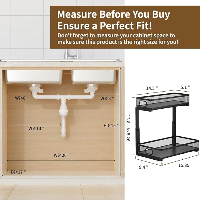 Under Sink Organizer 2 Pack, 2-Tier Slide Out Cabinet Organizer with Metal Sliding Drawer and Hooks, Pull Out Storage Baskets for Kitchen Bathroom Pantry Cabinet Organization (black)