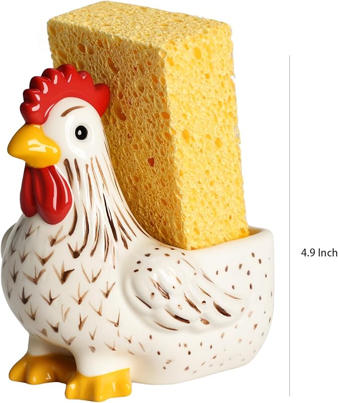 Ceramic Retro White Rooster Shape Sponge Holder for Kitchen Sink, Compact Sink Caddy Organizer, Scouring Pad and Dish Sponge Holder, A