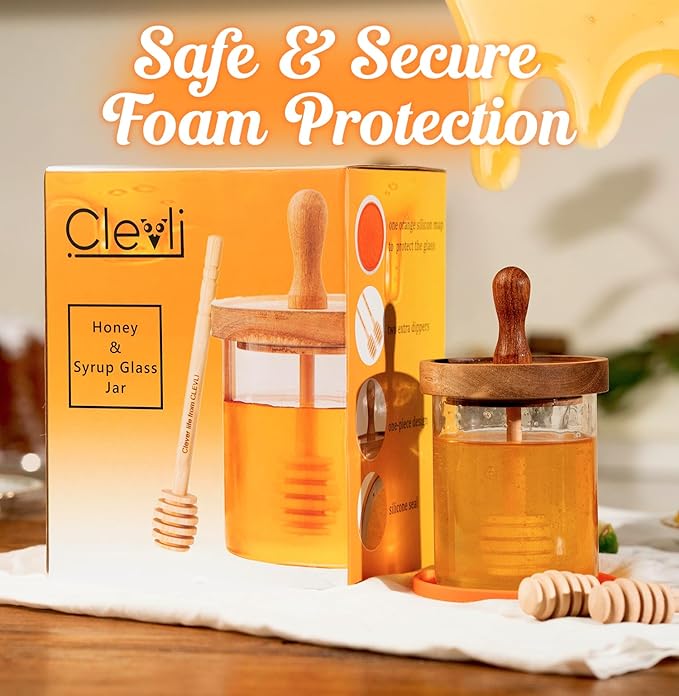 CLEVLI 12 oz Honey Pot Set with Silicone Mat, Airtight Wooden Lid, 2 Extra Dippers & Custom Gift Box | Glass Container Honey Jar for Honey & Syrup | Durable & Stylish Kitchenware Food Storage
