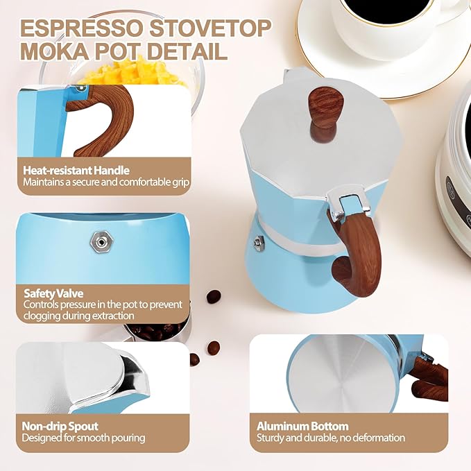 Aluminum 3 Cup 150ml Moka Pot Express Coffee Maker Stovetop Espresso Colorful Coffeemaker Italian Classic Style Brewing Greca Cafe Mocha Machine for Cafeteras Lover Camping Travel and Home Use 5oz