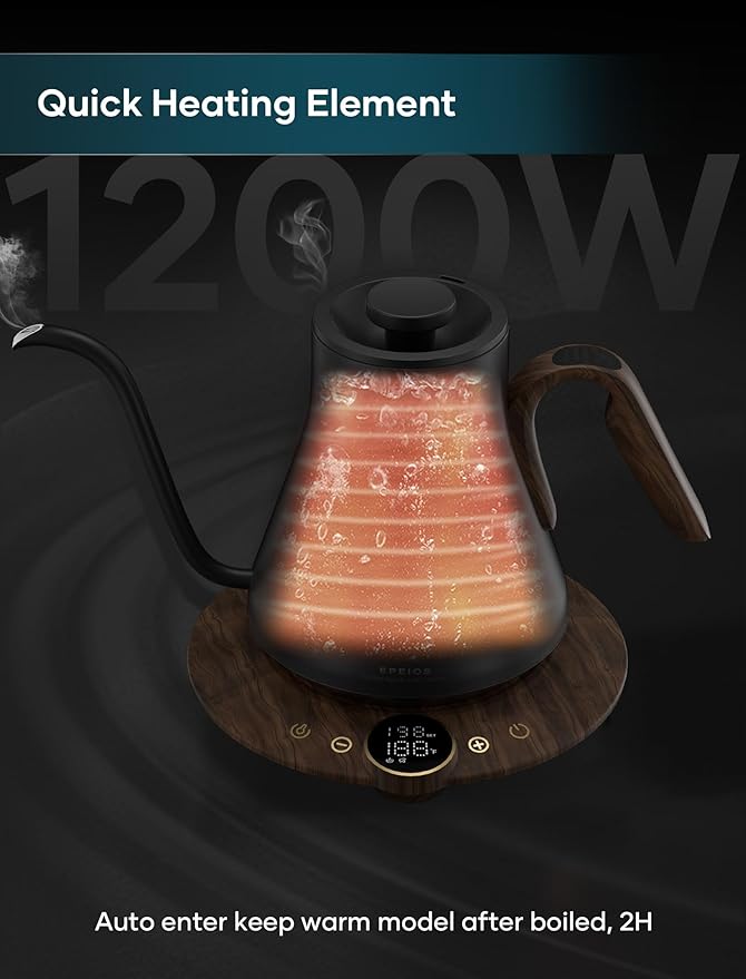 INTASTING Gooseneck Electric Kettle with ±1℉ Temperature Control for Pour Over Coffee & Tea, Quick Heating, BPA-Free Stainless Steel, Built-in Brew Timer, 1500W/0.9L (Rainforest)