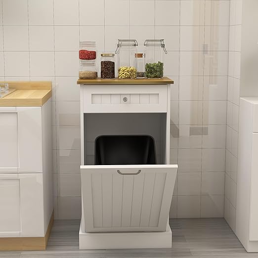 RASOO Tilt Out Trash Cabinet Wooden Freestanding Dog Proof Single Door 10 Gallons with Drawer Trash Can Cabinet