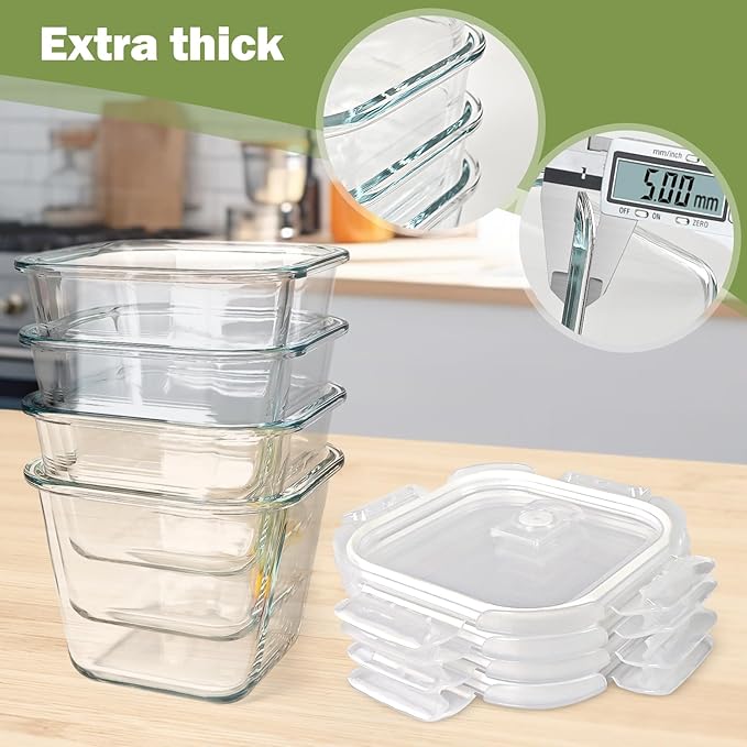 Soup Containers with Lids Glass 32 oz, 4 Cup Borosilicate Glass Food Storage Containers, Microwave & Freezer Safe Jars, Small Square Meal Prep Bowl for Salad, Fruit, Lunch, Ice Cream, Travel, 4 Pack