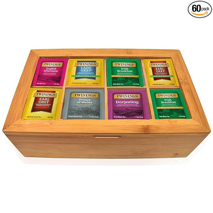 Twinings Tea Bag Sampler Variety with Bamboo Organizer (60 Tea Bags) 40 Different Flavours, Gift for Tea Lovers: Women, Men, Mom, Dad, Family, Friends, Couples