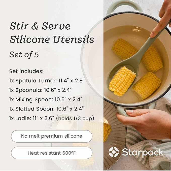 Starpack 'Stir & Serve' Silicone Cooking Utensils Set (5 Pcs) 10.5" - Kitchen Utensils Set Heat Resistant to 600°F - Kitchen Utensils for Nonstick Cookware - Silicone Utensil Set for Mixing & Cooking