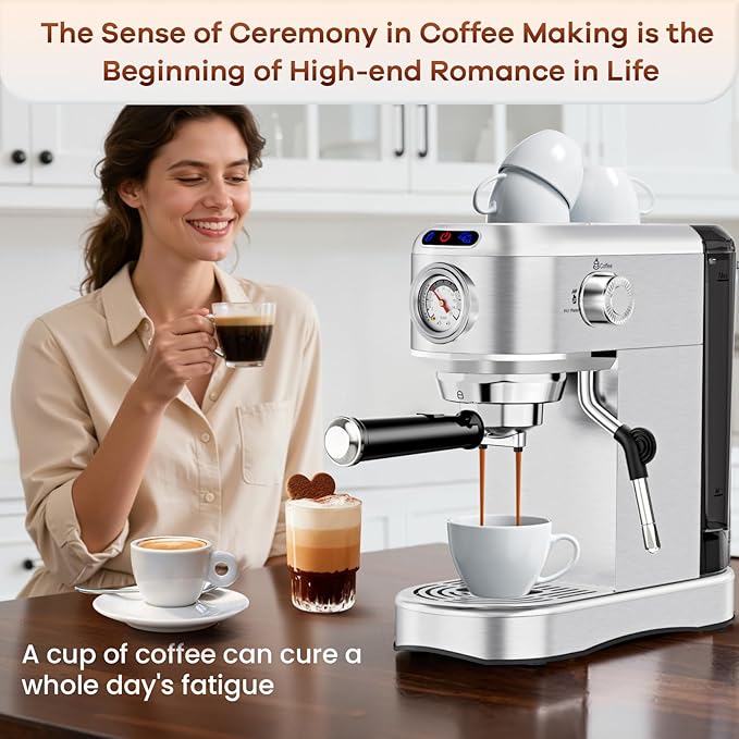 Espresso Machine with Milk Frother, 20 Bar Stainless Steel Coffee Machine, Espresso Maker with 34oz Removable Water Tank for Home, Office, Women or Men