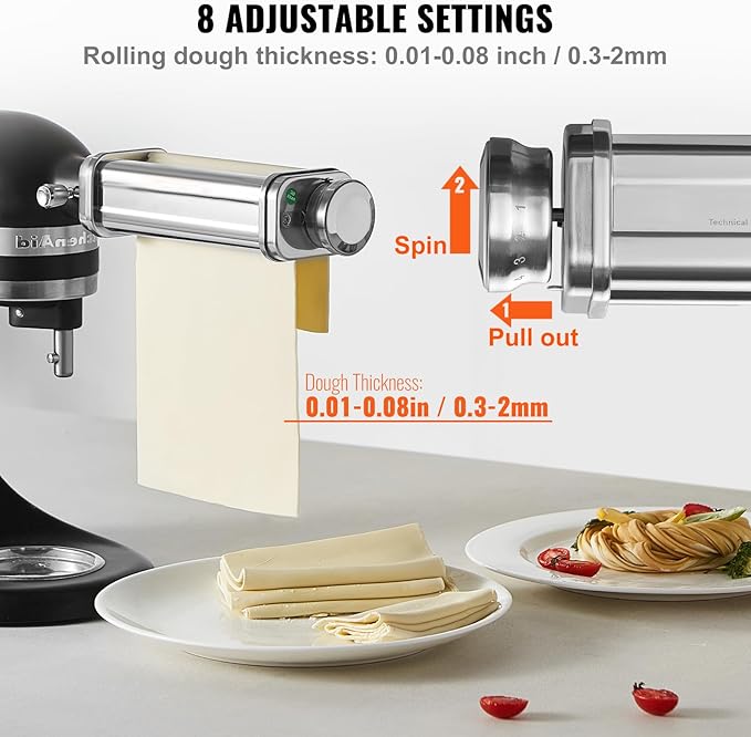 VEVOR Patsa Roller Attchemnt for KitchenAid Stand Mixer, Stainless Steel Pasta Maker Attachment, Pasta Maker Machine Accessory with 8 Adjustable Thickness Knob, KitchenAid Pasta Attachment by VEVOR