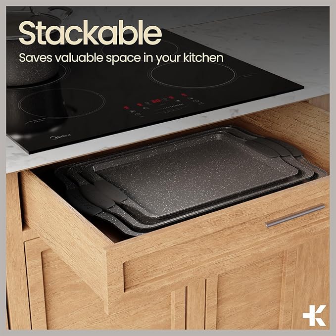 BAKKEN 8-Piece Kitchen Oven Baking Pans Set - Deluxe Nonstick Gray Marble Coating, Professional Grade Carbon Steel Bakeware with Silicone Handles - Oven, Dishwasher, and Freezer Safe