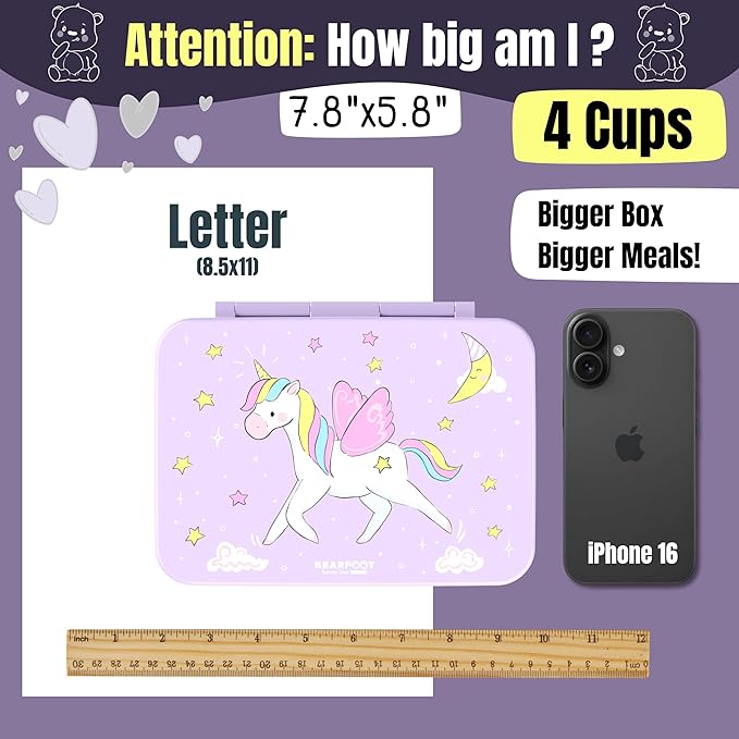 BEARFOOT Kids Lunch Box with Compartments – Compact & Lightweight | Leak-Proof, BPA-Free, Dishwasher & Microwave Safe | Hand-Drawn Design for Preschool, School, Travel (Unicorn Purple, 4 Cups)