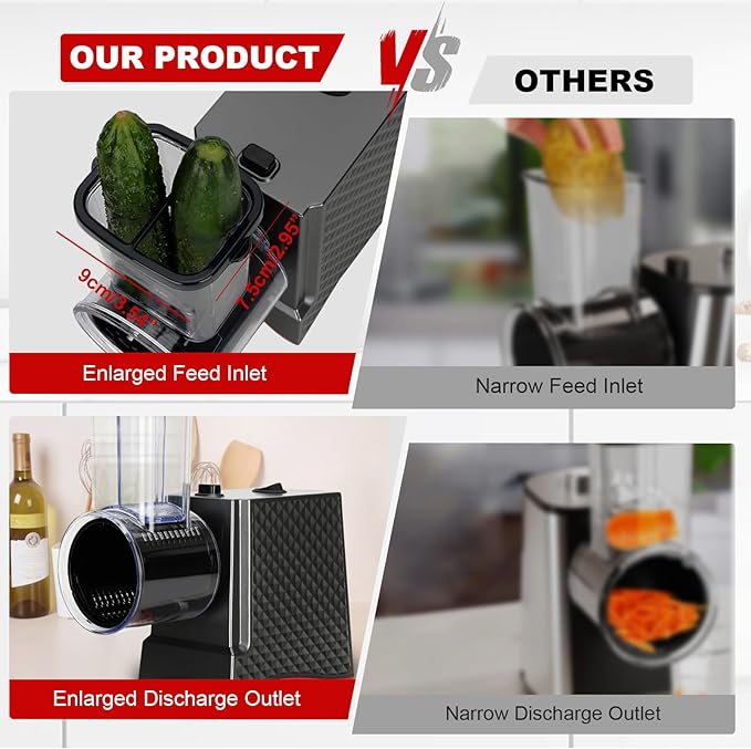 YOTAN Electric Cheese Grater, Electric Slicer Shredder with 6 Blades, 250W Salad Shooter, Enlarged Inlet and Dispenser, Automatic Vegetable Slicer for Cheeses, Fruits, Vegetables