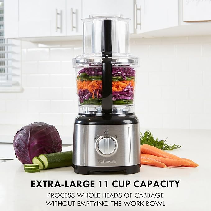 Kenmore 11-Cup Food Processor and Vegetable Chopper with Reversible Slicing/Shredding Disc, Chop, Slice, Shred, Mince, Grate, Puree, Stainless Steel, 500W, Black and Silver