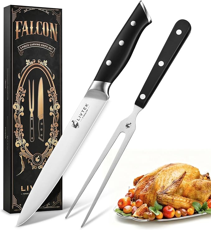 Livtek Carving Knife Set - Razor-Sharp German Stainless Steel - Ergonomic Handle & Full Tang Design - for Slicing Roast, Turkey, Ham, BBQ - 8 Inch Knife & 7 Inch Fork - Thanksgiving Gift