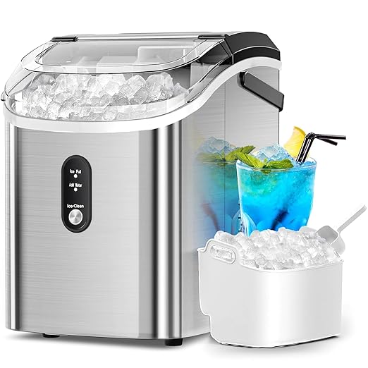 Croze Nugget Ice Maker Countertop with Self-Cleaning Function, Sonic Ice Machine with Handle, Compact Design for Home Use (Stainless Steel Silver)