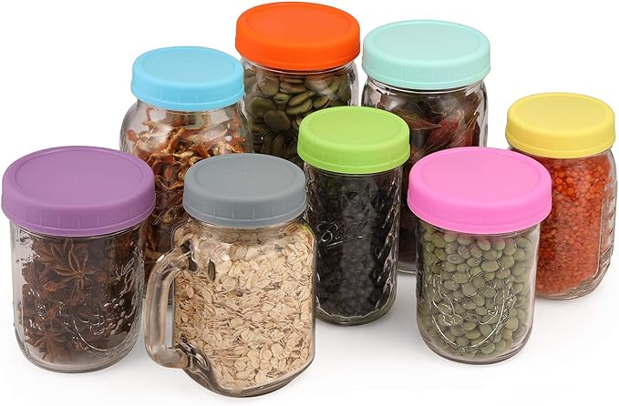 AOZITA [ 28 Pack ] Plastic Mason Jar Lids Fits Ball, Kerr & More - 14 Wide Mouth & 14 Regular Mouth - Colored Storage Caps for Canning Jars, Dishwasher Safe & Food Grade