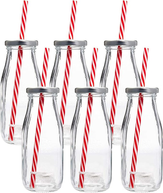 Estilo Glass Milk Bottle with Lid - Milk Glass - Reusable Glass Bottle for Dairy Milk With Straws & Metal Screw On Lids, 10.5 Ounce, Clear, Set of 7