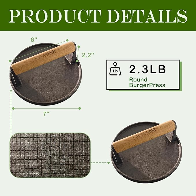 Heavy Duty Cast Iron Griddle Press, 2.2lb 6.7” Round Steak Weight Professional Cooking Press with Wood Handle for Smash Burgers, Sandwich, Bacon, Panini, Vegetables on BBQ, Grid-Patterned