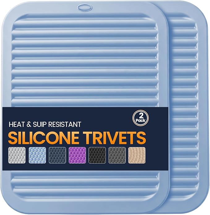 Silicone Trivet Mats 2 Heat Resistant Pot Holders Multipurpose Non-Slip Hot Pads for Kitchen Potholders, Drying mat, Jar Opener, Spoon Holder, Coaster.(Sky Blue)