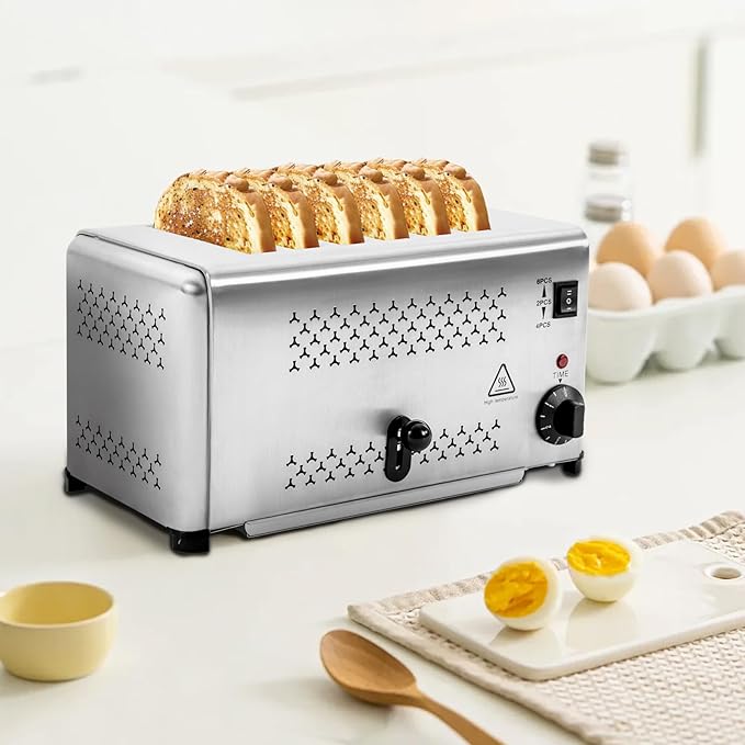 Stainless Steel 6 Slice Toaster, Electric Bread Baking Machine Commercial Toaster with Crumb Tray and Timer Bread Toasters for Home Kitchen Restaurant Bakery (3 Modes/1650W)