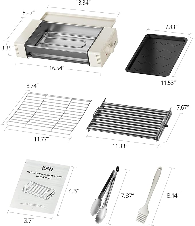 HBN Indoor Grill and Electric Griddle, 3-in-1 Smokeless Indoor Grill with Grill Rack & Nonstick Griddle & Sausage Grill Korean BBQ grill for Kitchen, Dishwasher Safe, 400F (Beige)