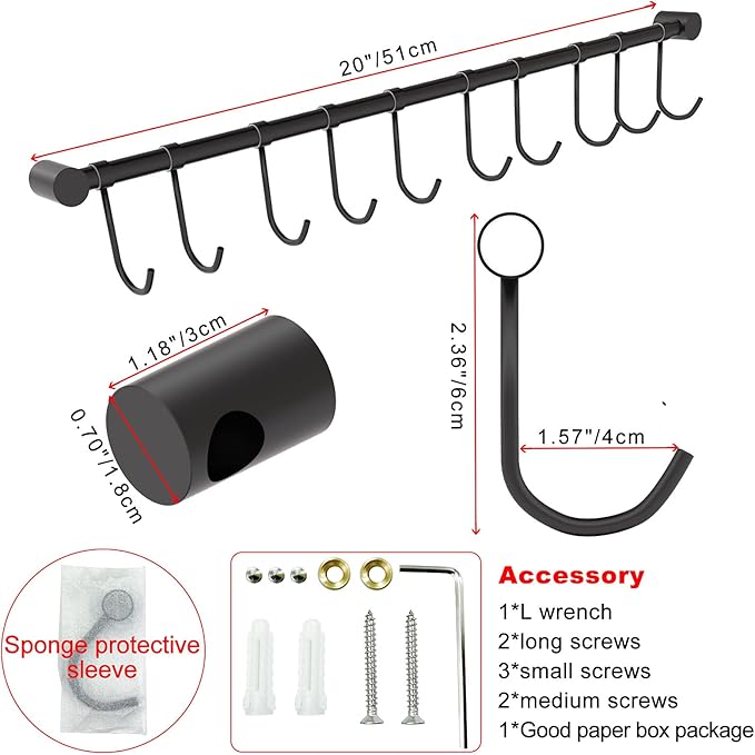 Wall Mounted Utensil Holder, Stainless Steel 20 inch Hook Bar Utensils with 10 Pcs Noiseless Sliding Hooks, Spoon Rack Hanger Bar Tool Organizer for Kitchen. (Black)