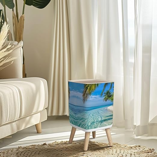 Small Trash Can with Lid Maldives Island Wastebasket with Press Cover Dog Proof Garbage Can Waste Bin for Kitchen Bathroom Nursery 2.6 Gallon