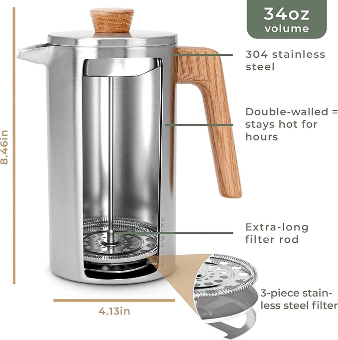 WALDWERK French Press (34 oz) - Non-Toxic Stainless Steel Double Wall French Press Coffee Maker - Plastic Free Coffee Press with Oak Wood Handle - Insulated Stainless Steel Coffee Maker - No Plastic