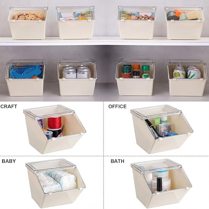 Yerliker 4 Pcs Clear Plastic Storage Bins with Lids Large Stackable Pantry Storage Organizer Bins Kitchen Organization Cabinet Organizers Ideal Containers for Fridge, Kitchen, Cabinets (White)