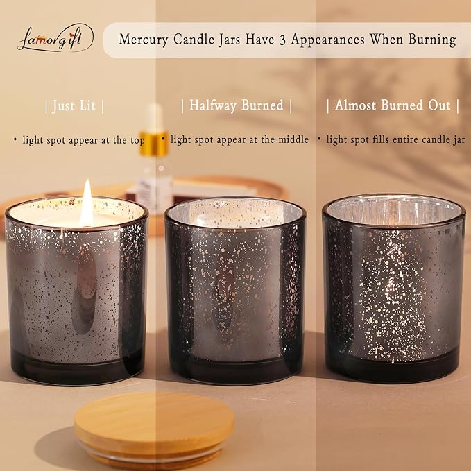 LAMORGIFT 10oz Dark Gray Glass Candle Jars With Lids (12 Pack) - Making Containers Include 15 Pcs Labels - Mercury Glass Jars