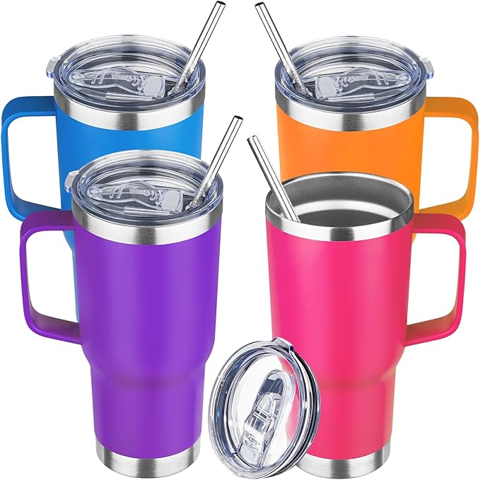 20oz Stainless Steel Insulated Handle Tumbler, Leak Proof Travel Mug with Lid and Straw, Keeps Hot/Cold for 8/12 Hours, Set of 4