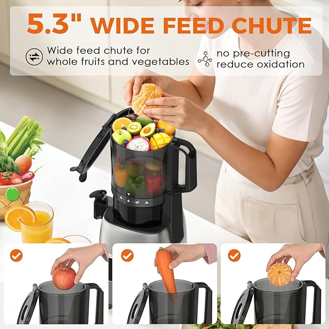 Juicer Machines, Cold Press Juicer Fit Whole Fruits & Vegetables, Slow Masticating Juicers with 5.3" Wide Feed Chute, High Juice Yield, BPA Free