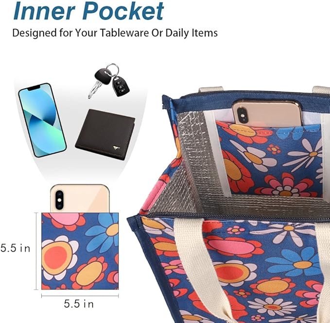 iknoe Insulated Lunch Bag for Women & Adults, 9L Foldable Wide-Open Cooler Bag with Pockets, Leakproof & Portable, for Picnic, Office, Beach(Blue flower)