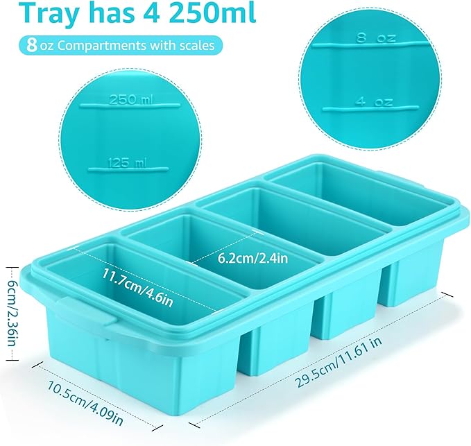 Ztomine Silicone Freezer Tray With Lid - Silicone Freezer Food Molds- Large Ice Cube Tray,4-Pack Silicone Freezer Container,Freeze & Store Soup, Sauce, Broth,Leftovers - Makes 4 Perfect 1 Cup